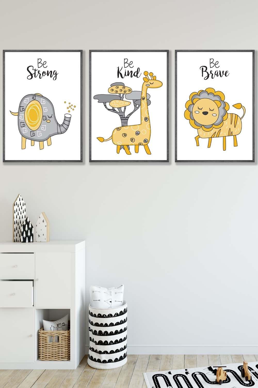 Set of 3 Dark Grey Framed Scandi Nursery Elephant Animals Quote Yellow Grey Wall Art